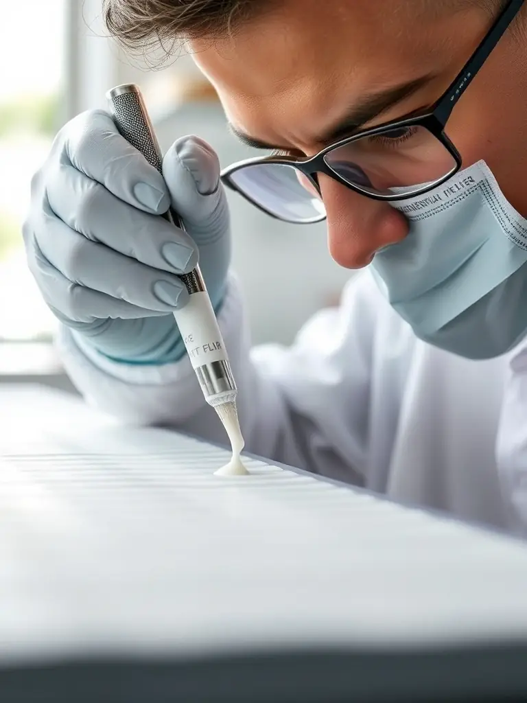 A close-up shot of the Tangential Flow Filter adhesive being applied to a membrane, highlighting its viscosity and application precision.