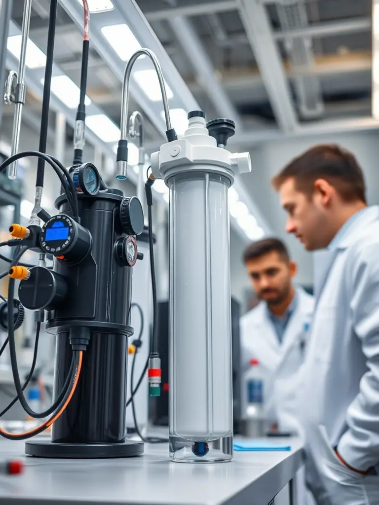 A visual representation of a filter undergoing rigorous testing in a lab environment, with various sensors and measuring devices attached. The image should convey a sense of scientific rigor and quality control.